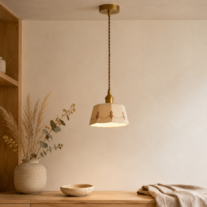 Lampada a sospensione in ceramica japandi retrò con attacco in ottone