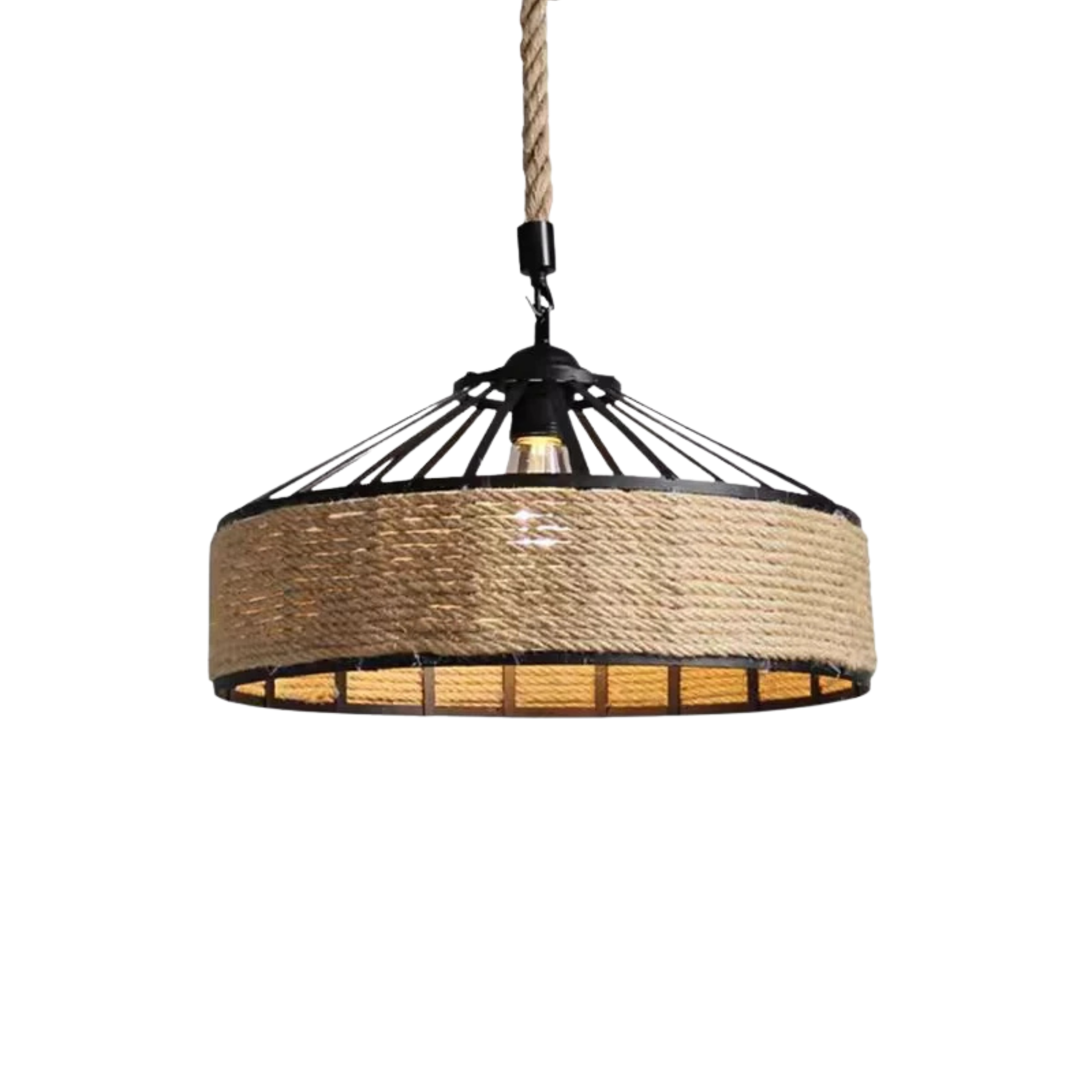 Lampada a sospensione in corda di canapa retrò industriale con struttura in ferro nero