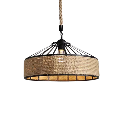 Lampada a sospensione in corda di canapa retrò industriale con struttura in ferro nero