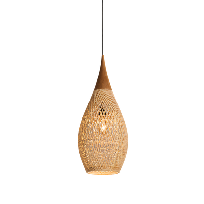 Lampada a sospensione in rattan naturale vintage boho a goccia in legno con LED