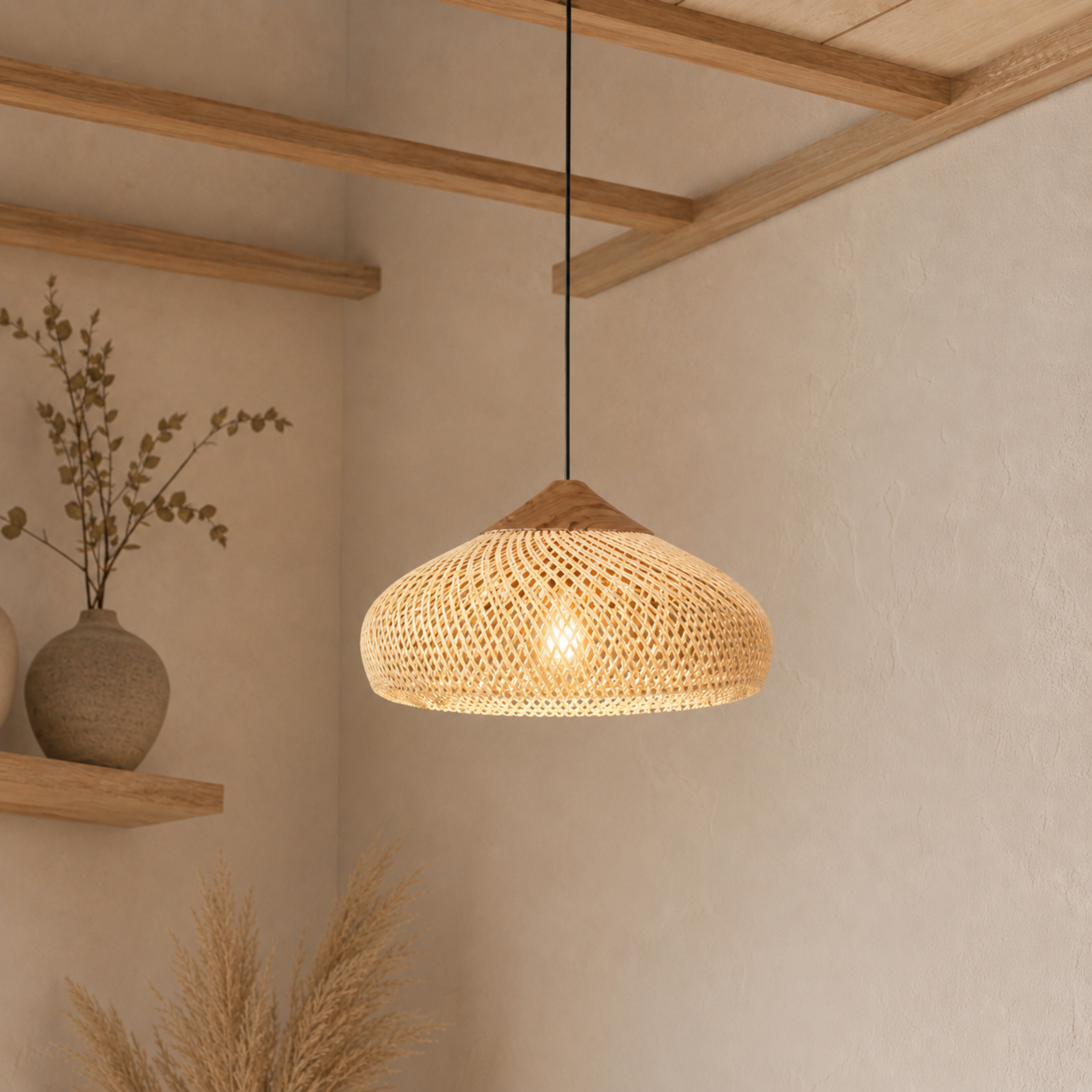Lampada a sospensione in rattan naturale vintage boho a goccia in legno con LED