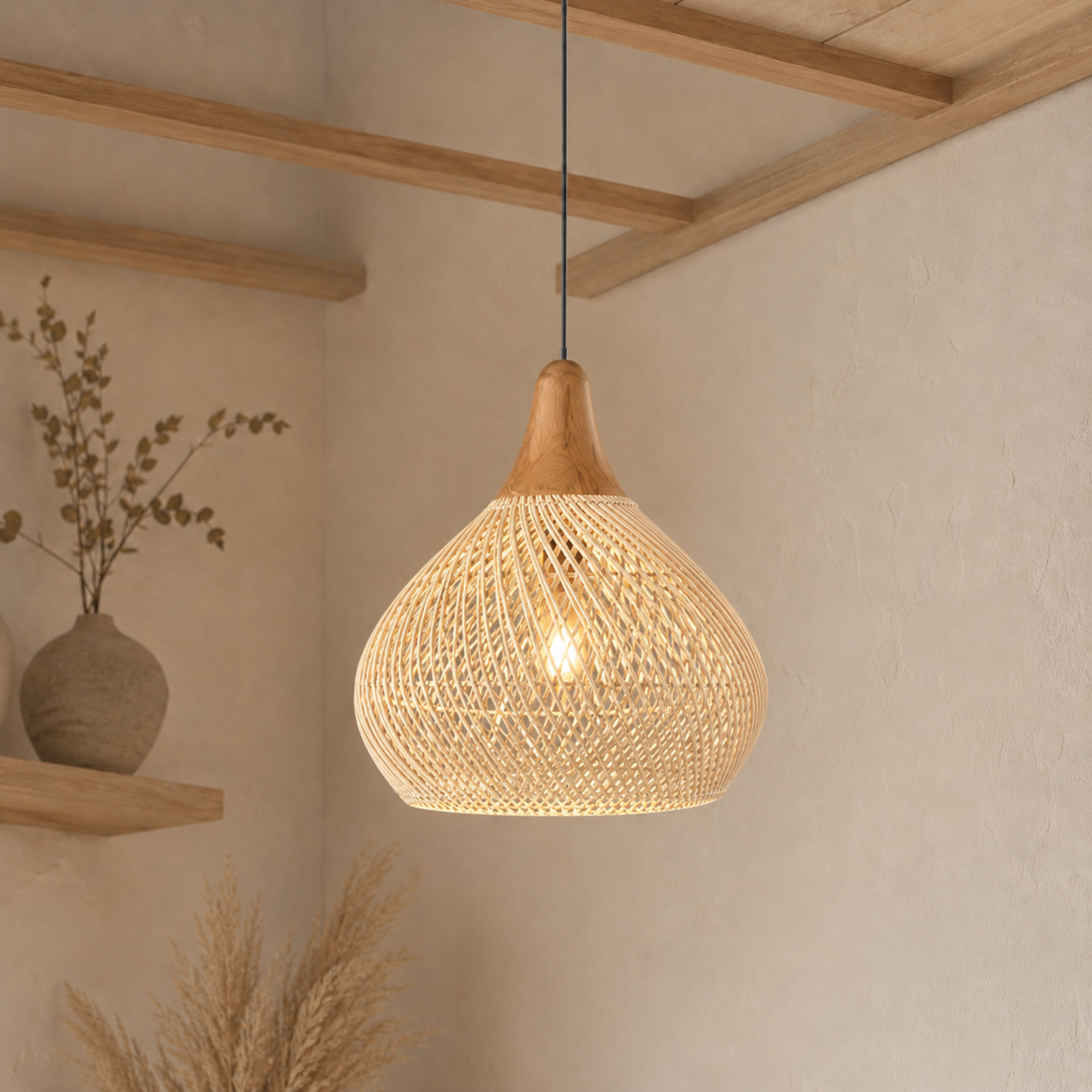 Lampada a sospensione in rattan naturale vintage boho a goccia in legno con LED
