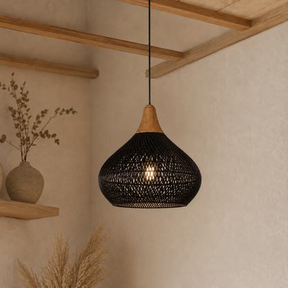 Lampada a sospensione in rattan naturale vintage boho a goccia in legno con LED
