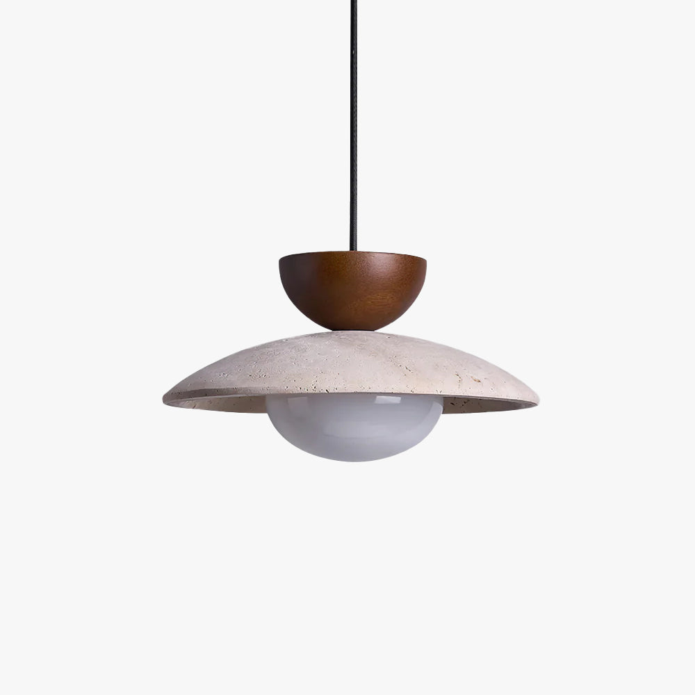 Lampada a sospensione in travertino, legno e globo in vetro wabi sabi japandi