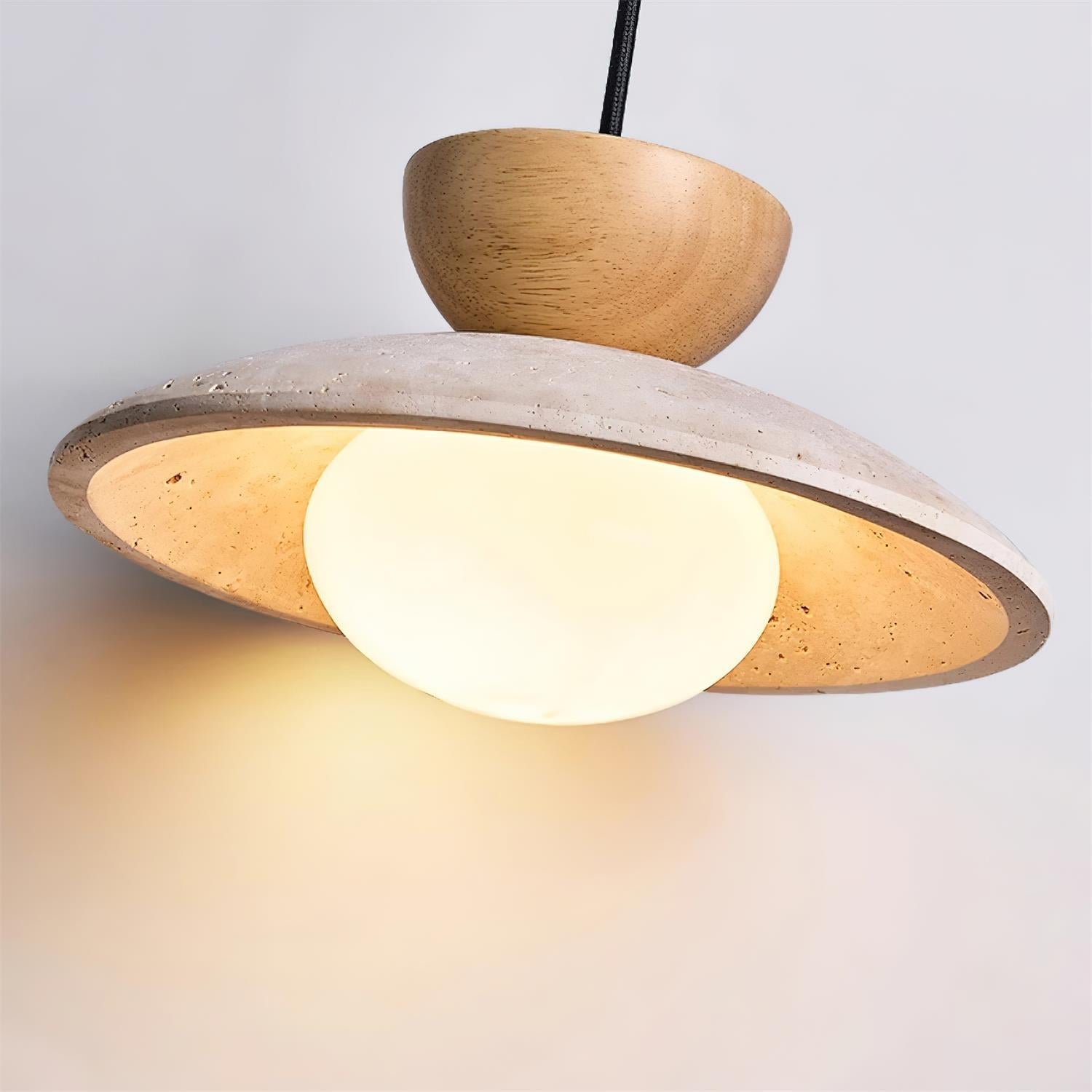 Lampada a sospensione in travertino, legno e globo in vetro wabi sabi japandi