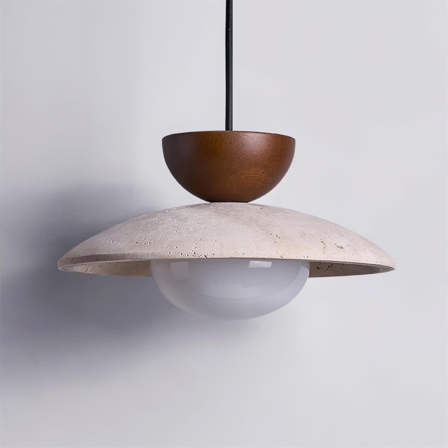 Lampada a sospensione in travertino, legno e globo in vetro wabi sabi japandi
