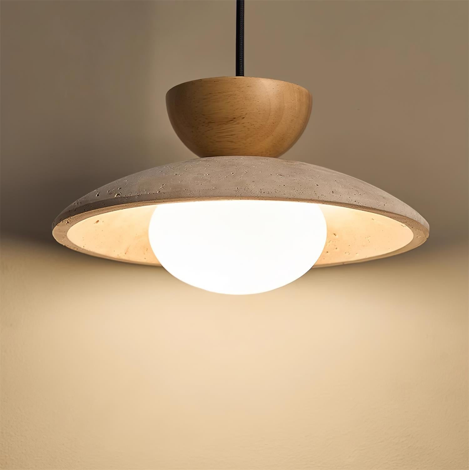 Lampada a sospensione in travertino, legno e globo in vetro wabi sabi japandi