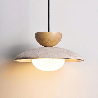 Lampada a sospensione in travertino, legno e globo in vetro wabi sabi japandi