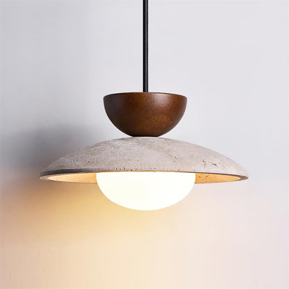 Lampada a sospensione in travertino, legno e globo in vetro wabi sabi japandi