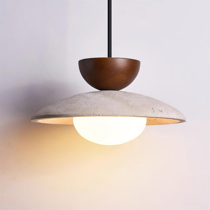 Lampada a sospensione in travertino, legno e globo in vetro wabi sabi japandi