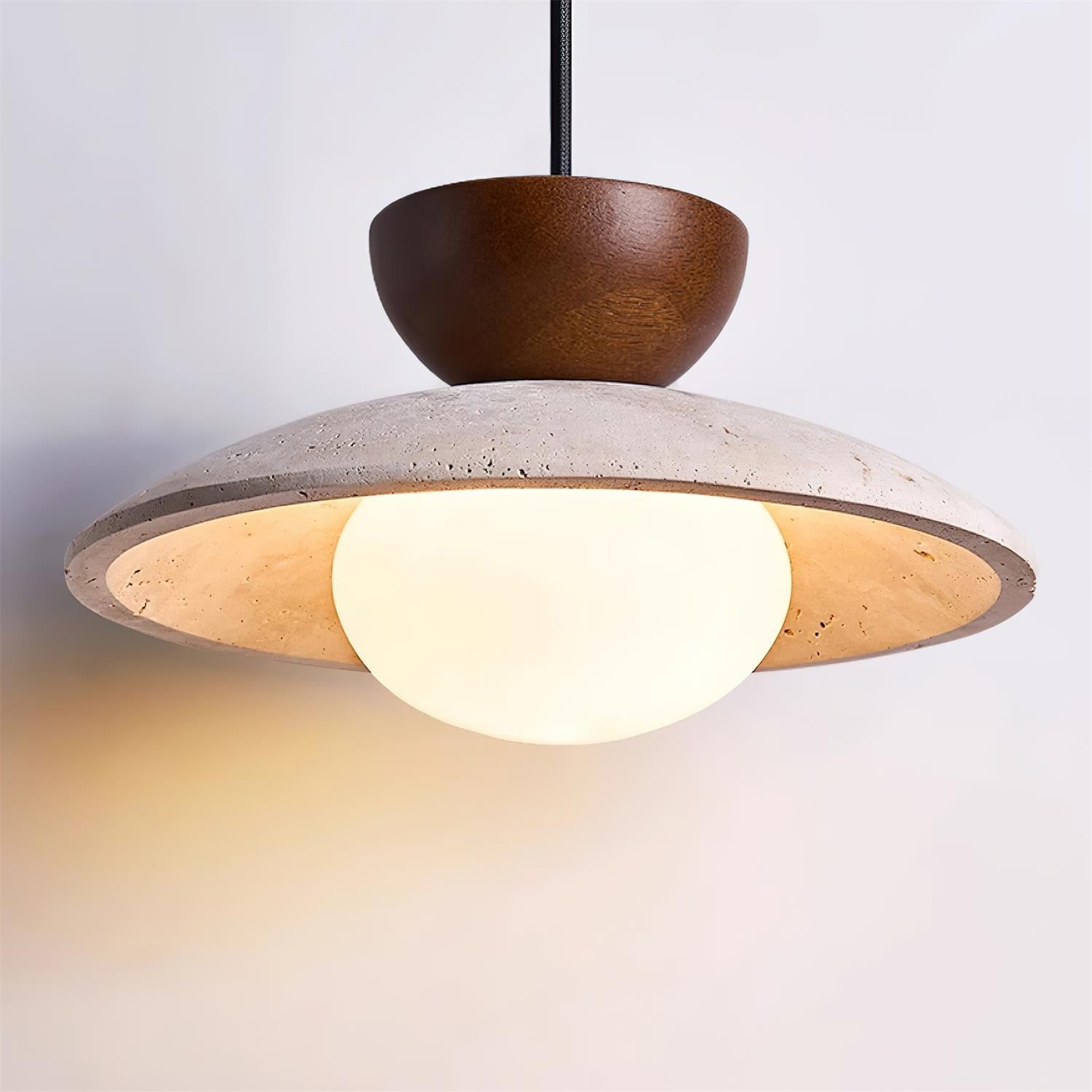 Lampada a sospensione in travertino, legno e globo in vetro wabi sabi japandi
