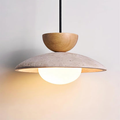Lampada a sospensione in travertino, legno e globo in vetro wabi sabi japandi