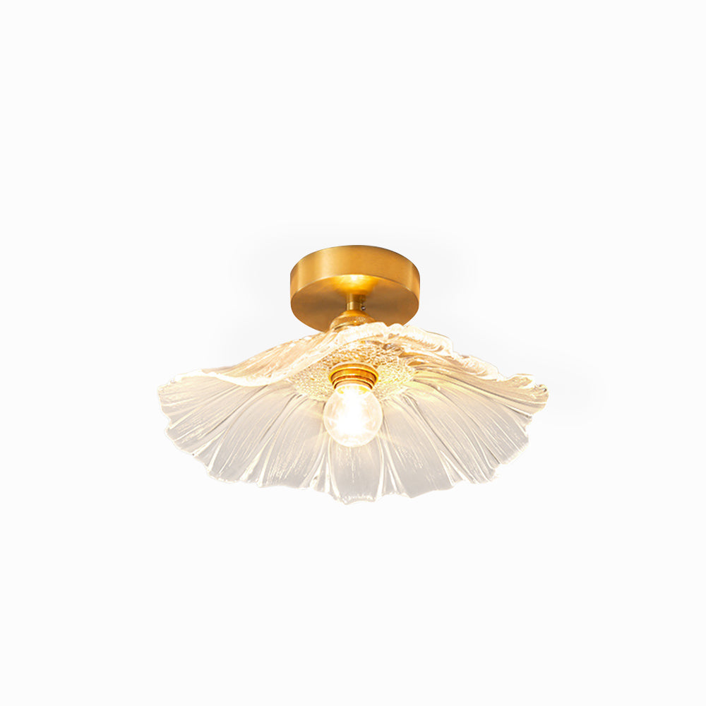 Lampada a sospensione in vetro a petali di fiore con paralume smerlato, ottone e vetro rosa vintage