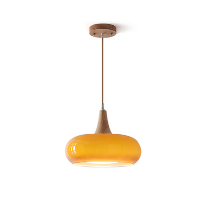 Lampada a sospensione in vetro ambra e legno mid century per isola cucina