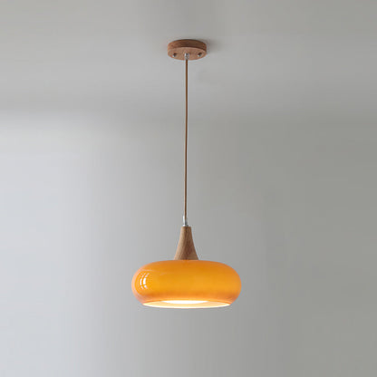 Lampada a sospensione in vetro ambra e legno mid century per isola cucina