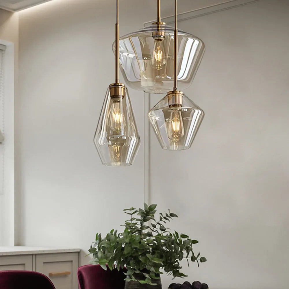Lampada a sospensione in vetro sfaccettato a forma di diamante, ambra e trasparente, cavo in metallo