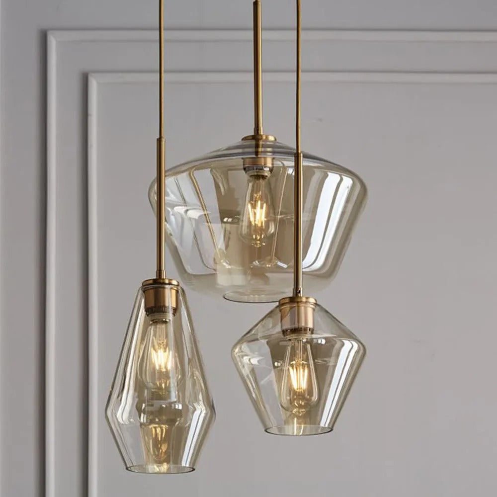 Lampada a sospensione in vetro sfaccettato a forma di diamante, ambra e trasparente, cavo in metallo
