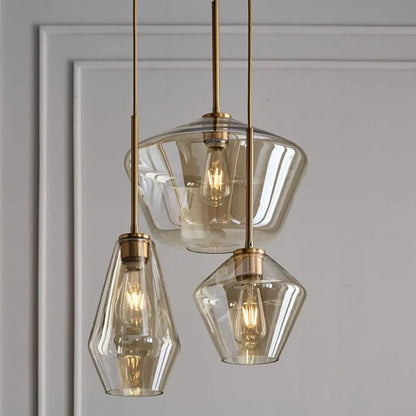 Lampada a sospensione in vetro sfaccettato a forma di diamante, ambra e trasparente, cavo in metallo
