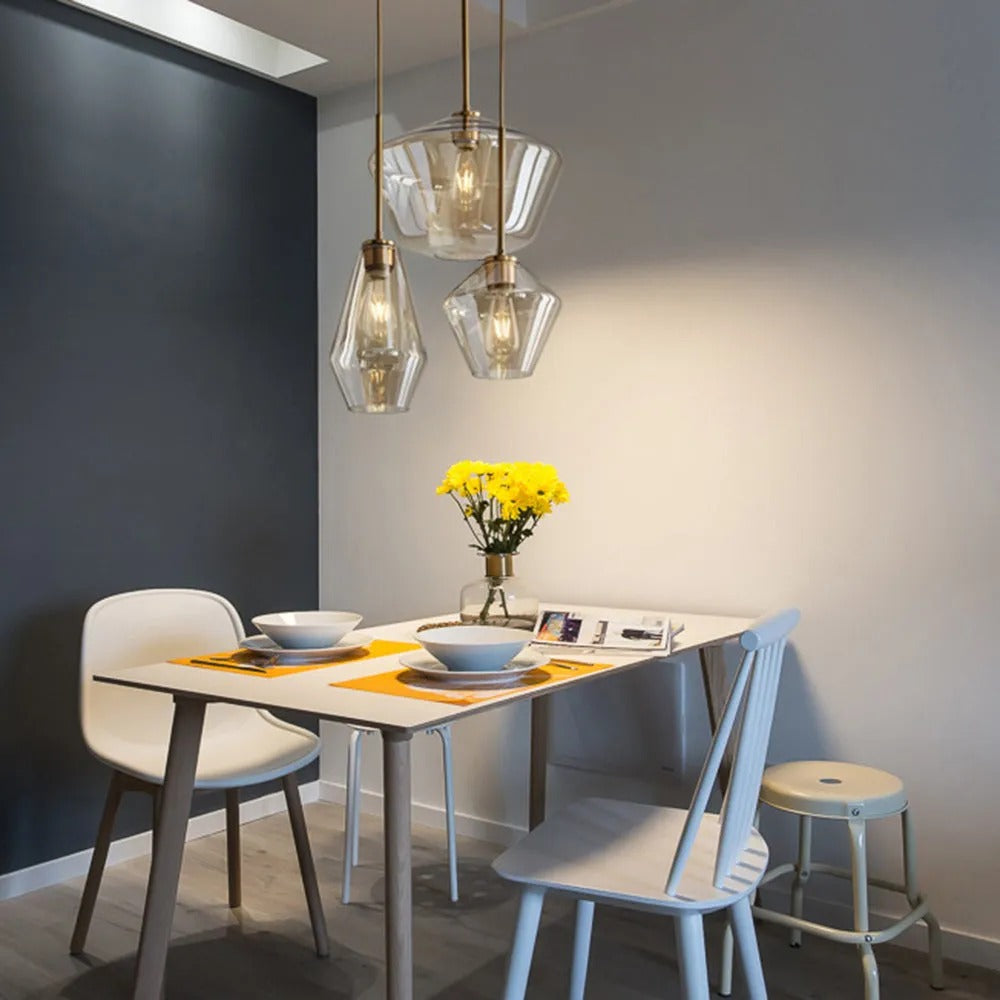 Lampada a sospensione in vetro sfaccettato a forma di diamante, ambra e trasparente, cavo in metallo