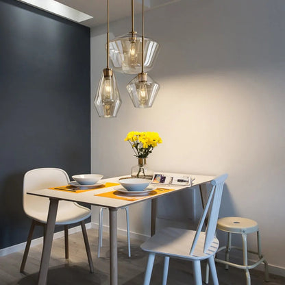 Lampada a sospensione in vetro sfaccettato a forma di diamante, ambra e trasparente, cavo in metallo