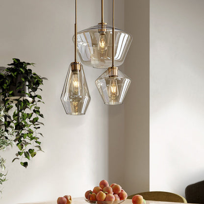 Lampada a sospensione in vetro sfaccettato a forma di diamante, ambra e trasparente, cavo in metallo