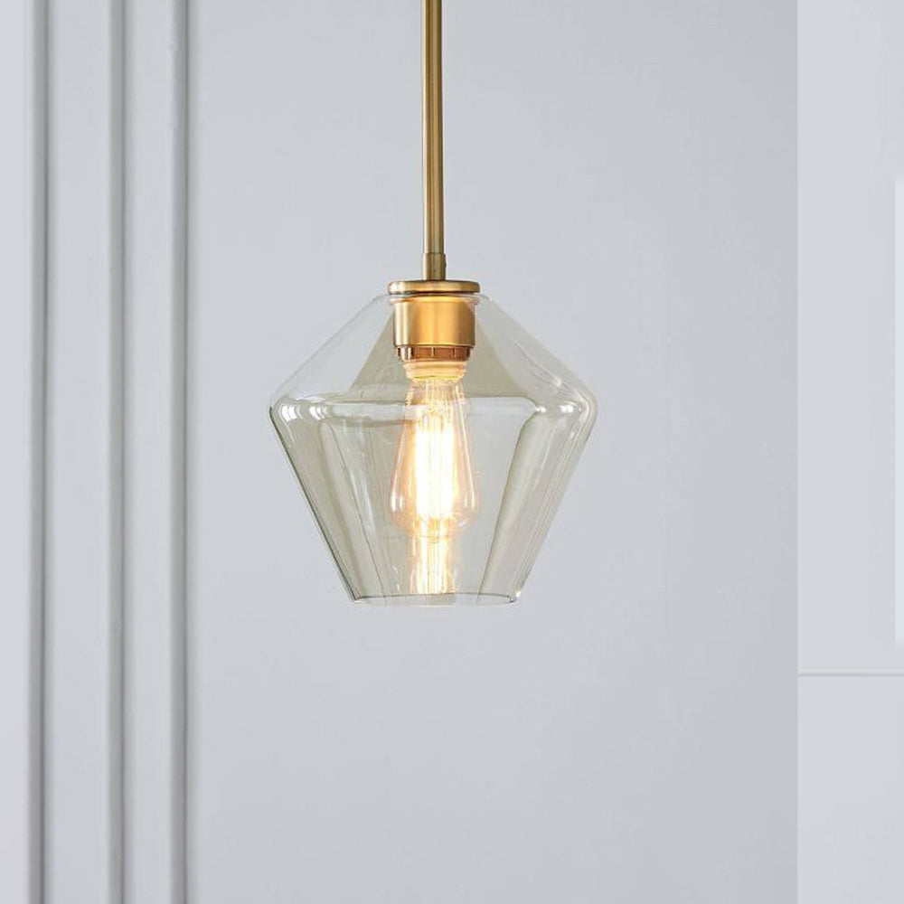 Lampada a sospensione in vetro sfaccettato a forma di diamante, ambra e trasparente, cavo in metallo