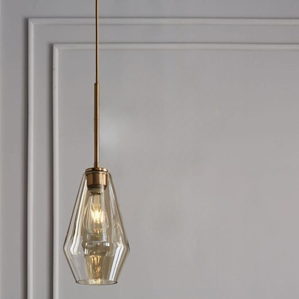 Lampada a sospensione in vetro sfaccettato a forma di diamante, ambra e trasparente, cavo in metallo