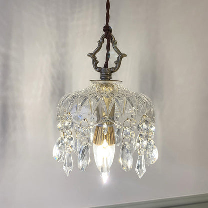 Lampada a sospensione in vetro trasparente e cristallo a fiore in rame vintage