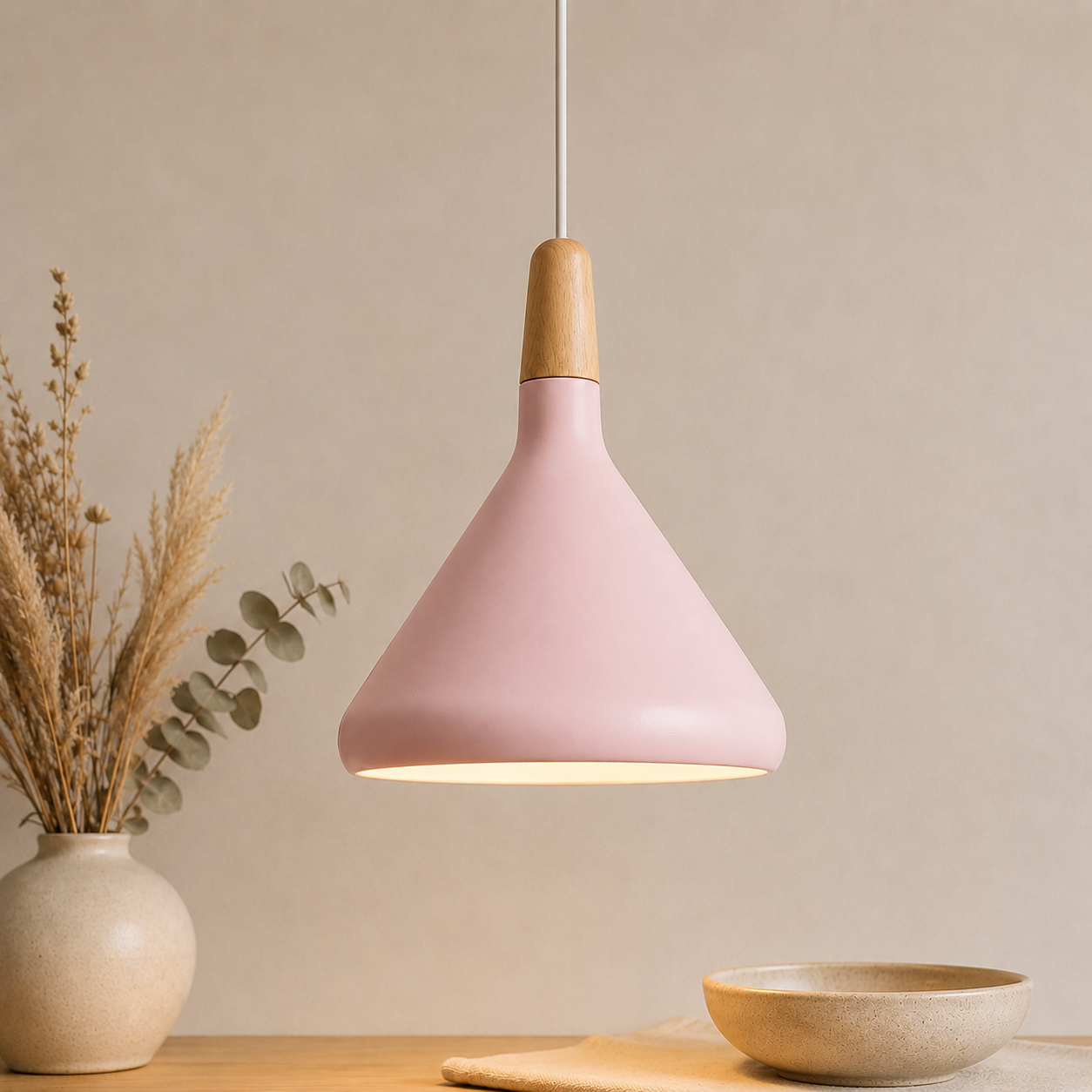 Lampada a sospensione LED a cono in alluminio con sommità in tonalità legno