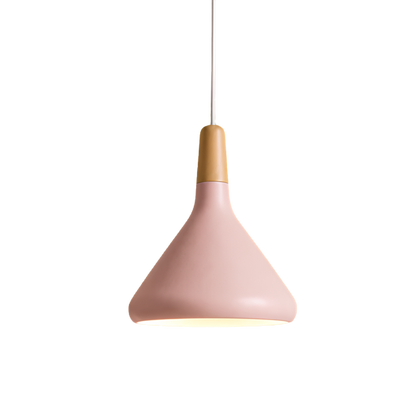 Lampada a sospensione LED a cono in alluminio con sommità in tonalità legno