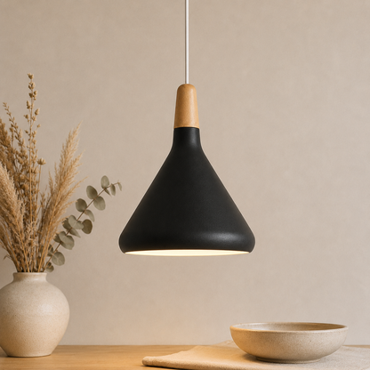 Lampada a sospensione LED a cono in alluminio con sommità in tonalità legno