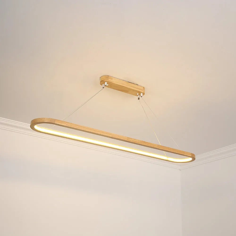 Lampada a sospensione LED ad anello ovale in legno, japandi per isola cucina