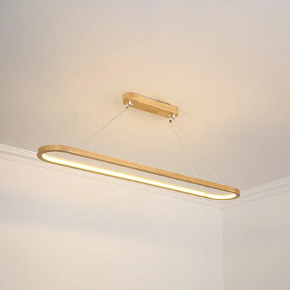 Lampada a sospensione LED ad anello ovale in legno, japandi per isola cucina
