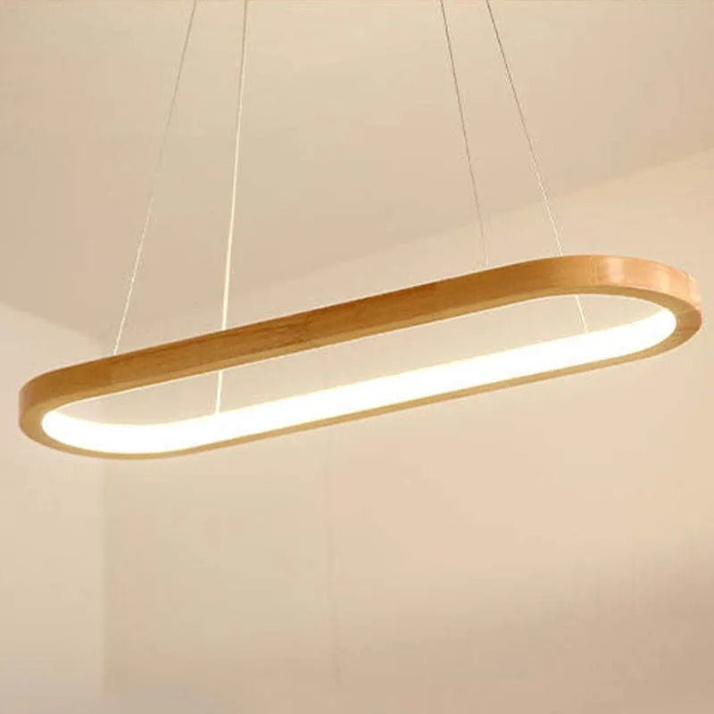 Lampada a sospensione LED ad anello ovale in legno, japandi per isola cucina