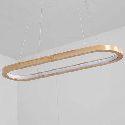 Lampada a sospensione LED ad anello ovale in legno, japandi per isola cucina