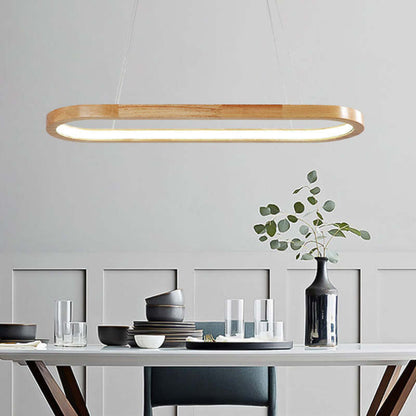 Lampada a sospensione LED ad anello ovale in legno, japandi per isola cucina