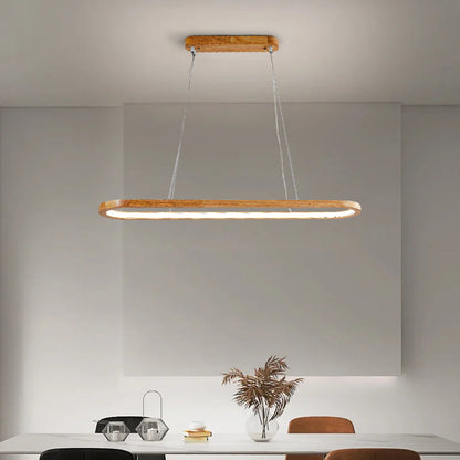 Lampada a sospensione LED ad anello ovale in legno, japandi per isola cucina