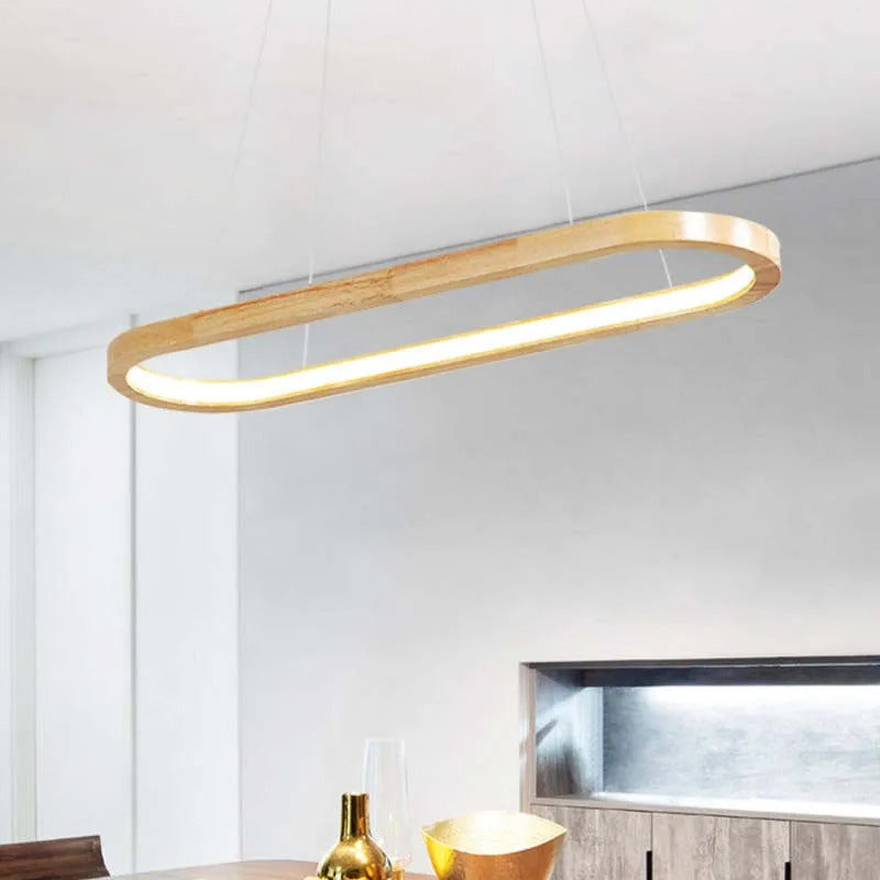 Lampada a sospensione LED ad anello ovale in legno, japandi per isola cucina