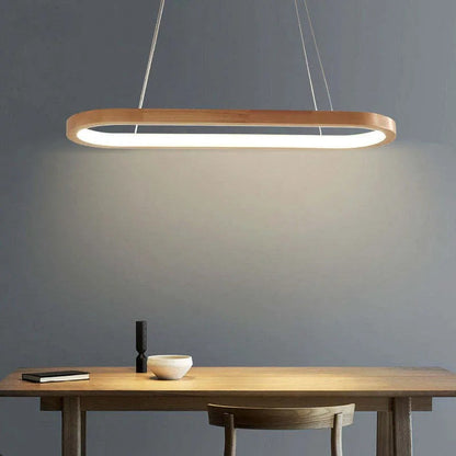 Lampada a sospensione LED ad anello ovale in legno, japandi per isola cucina