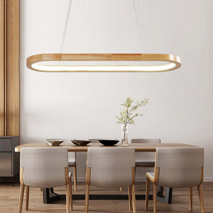 Lampada a sospensione LED ad anello ovale in legno, japandi per isola cucina