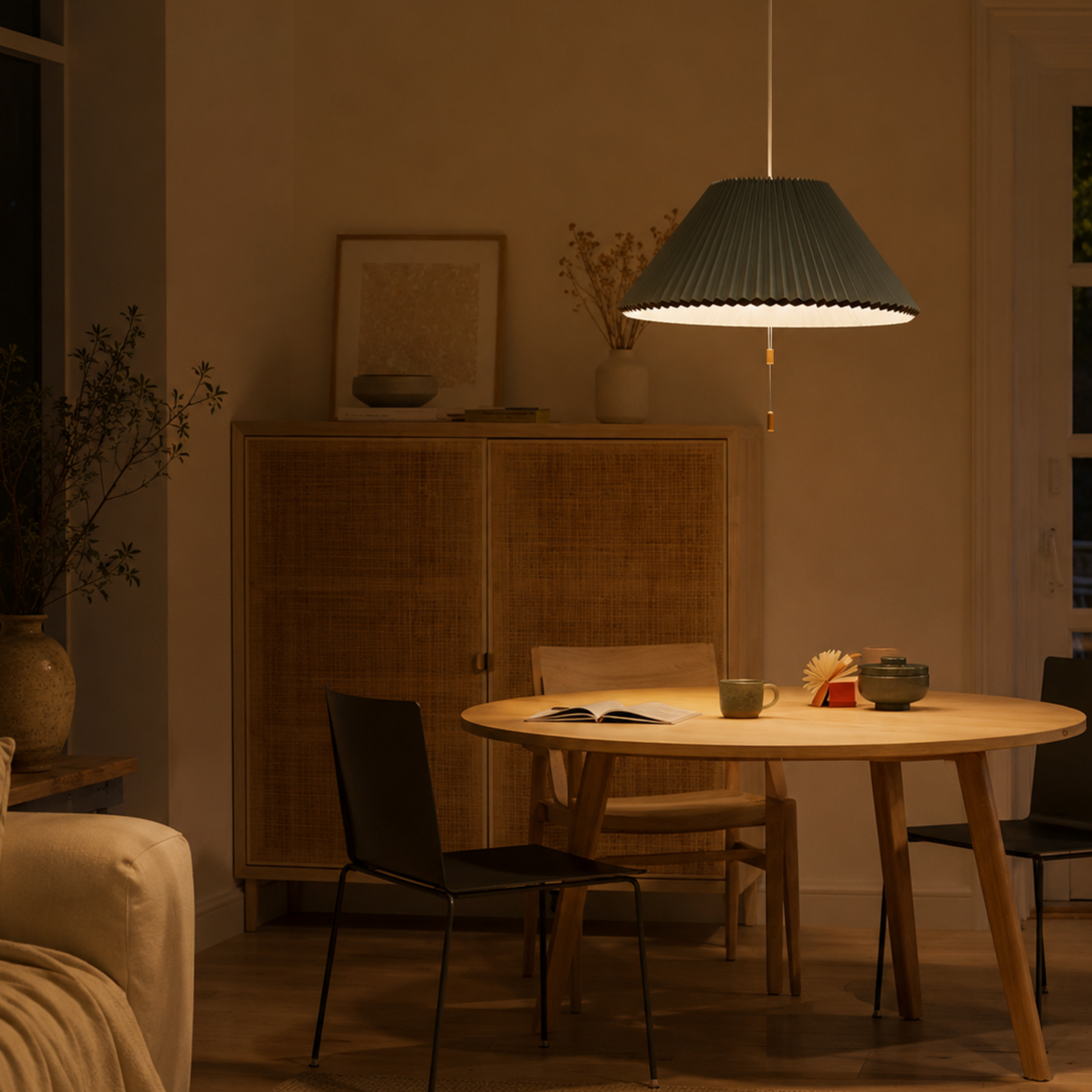 Lampada a sospensione LED con paralume plissettato in tessuto, stile scandinavo
