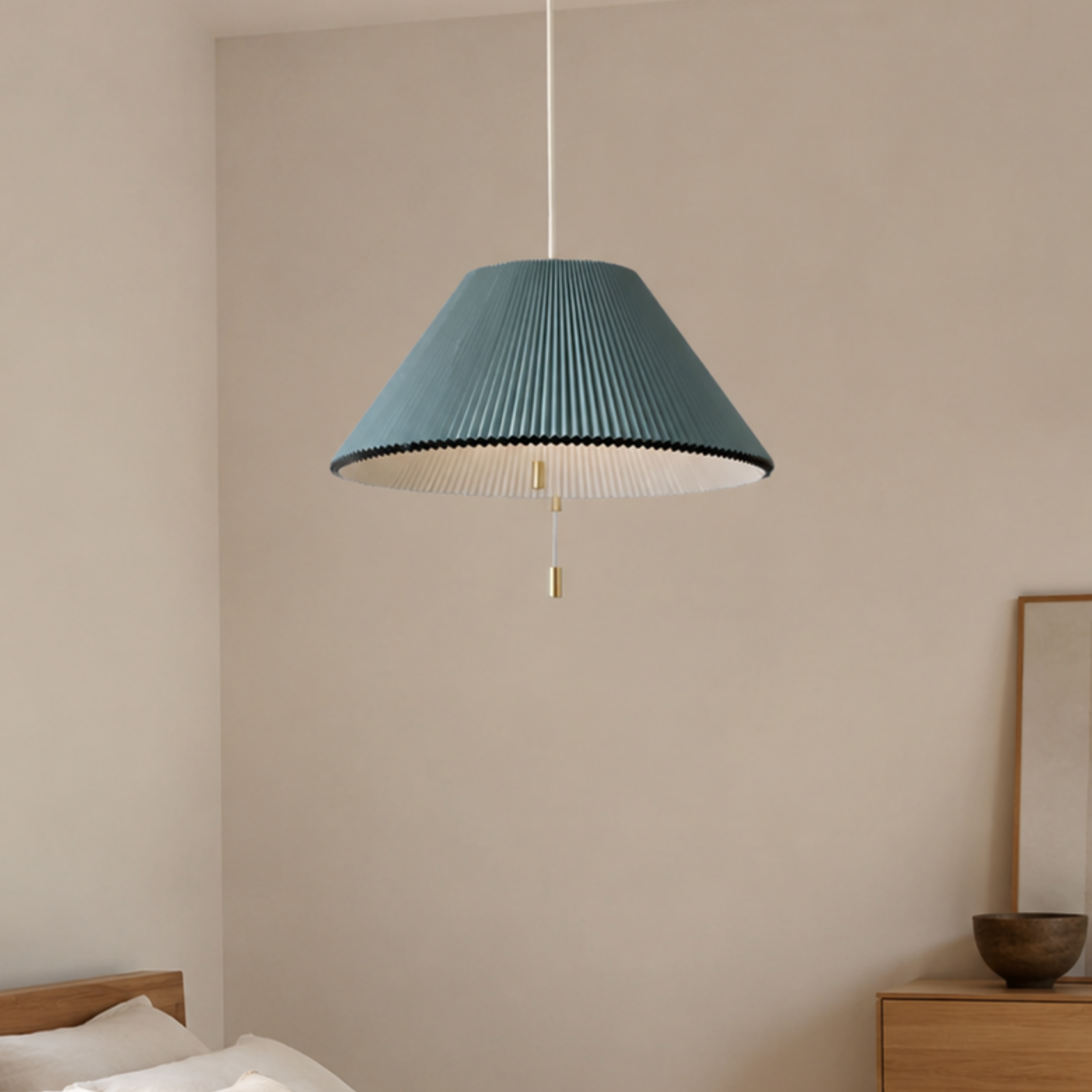 Lampada a sospensione LED con paralume plissettato in tessuto, stile scandinavo