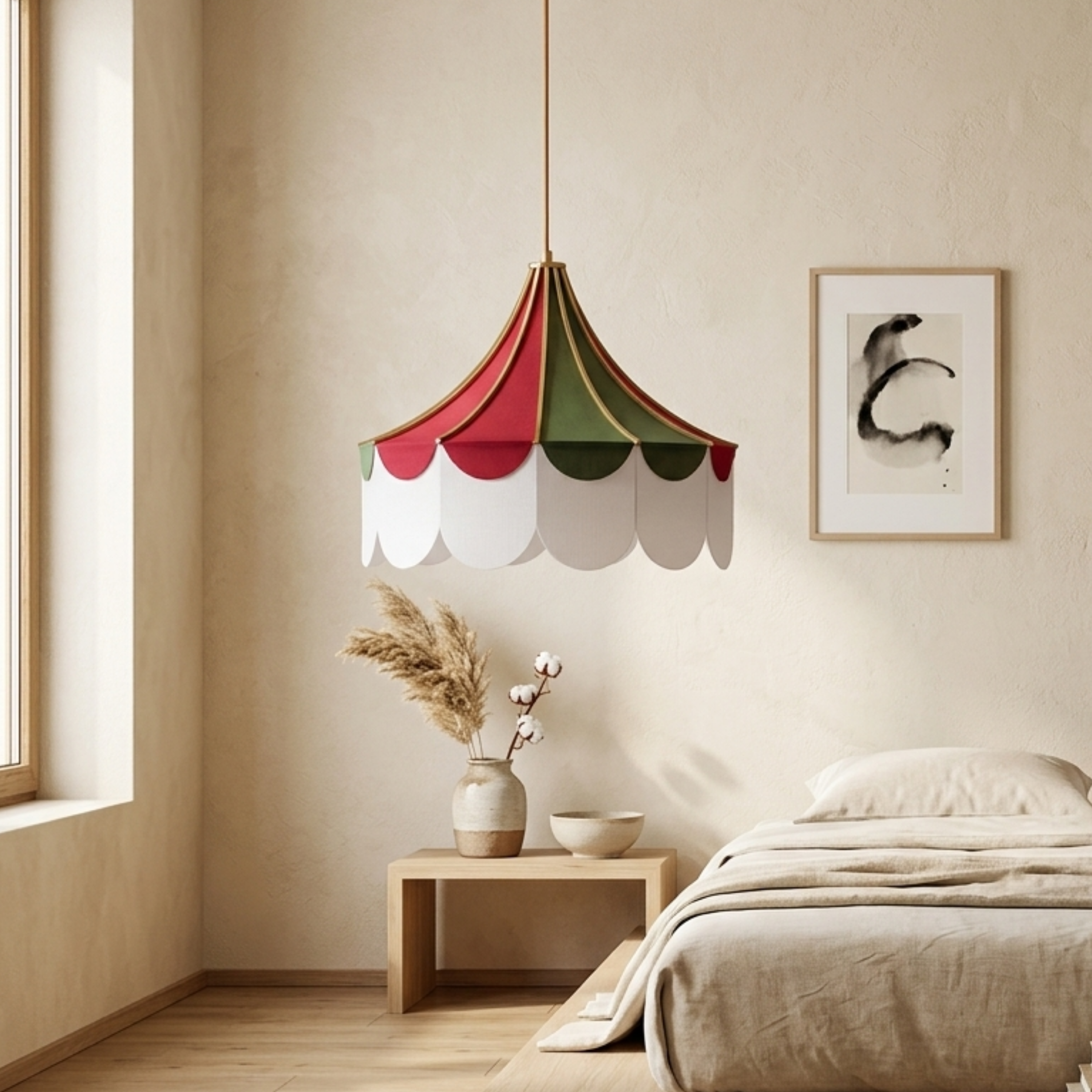 Lampada a sospensione LED in tessuto smerlato con rosone a righe rosse e verdi