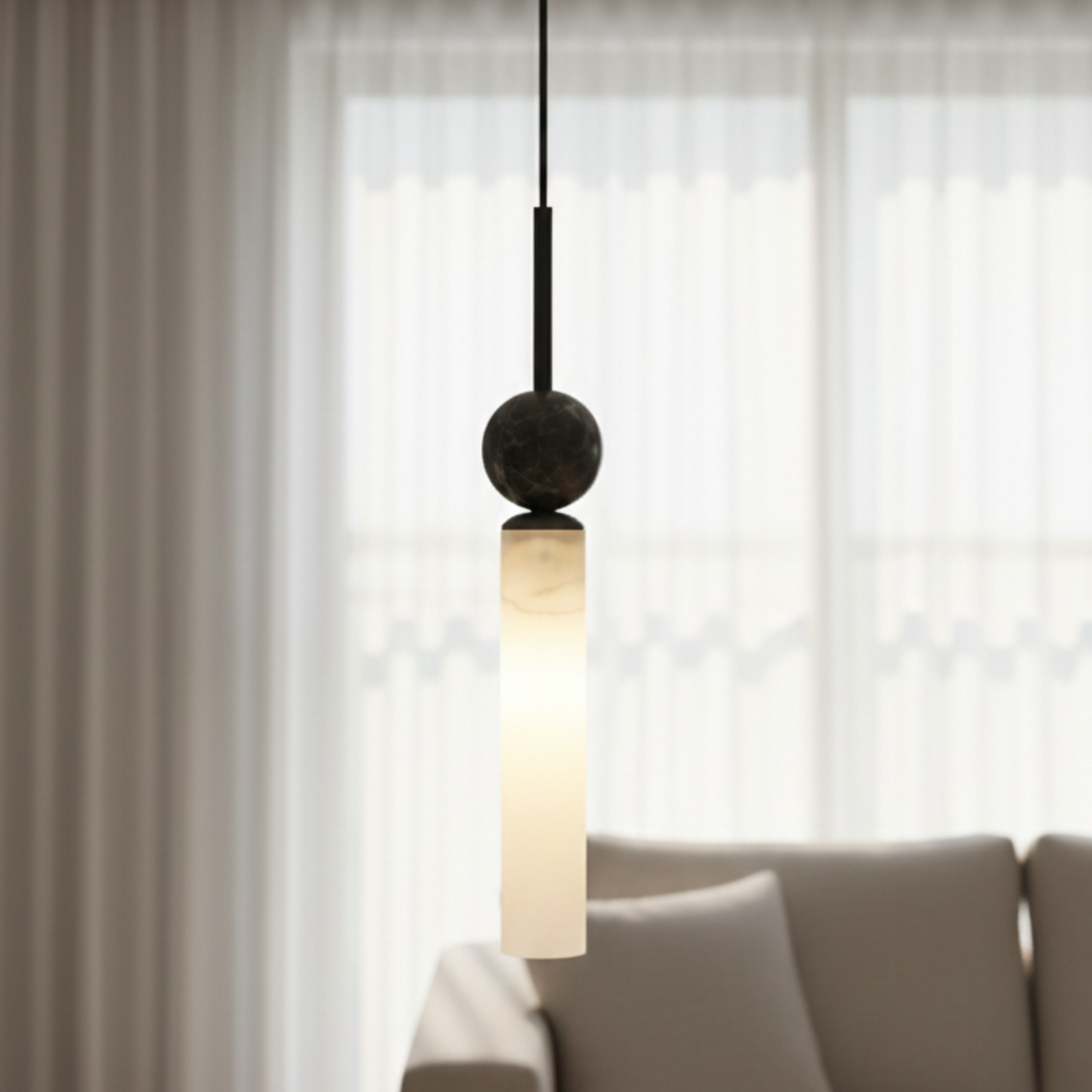 Lampada a sospensione LED moderna in marmo cilindrica con dettaglio a sfera