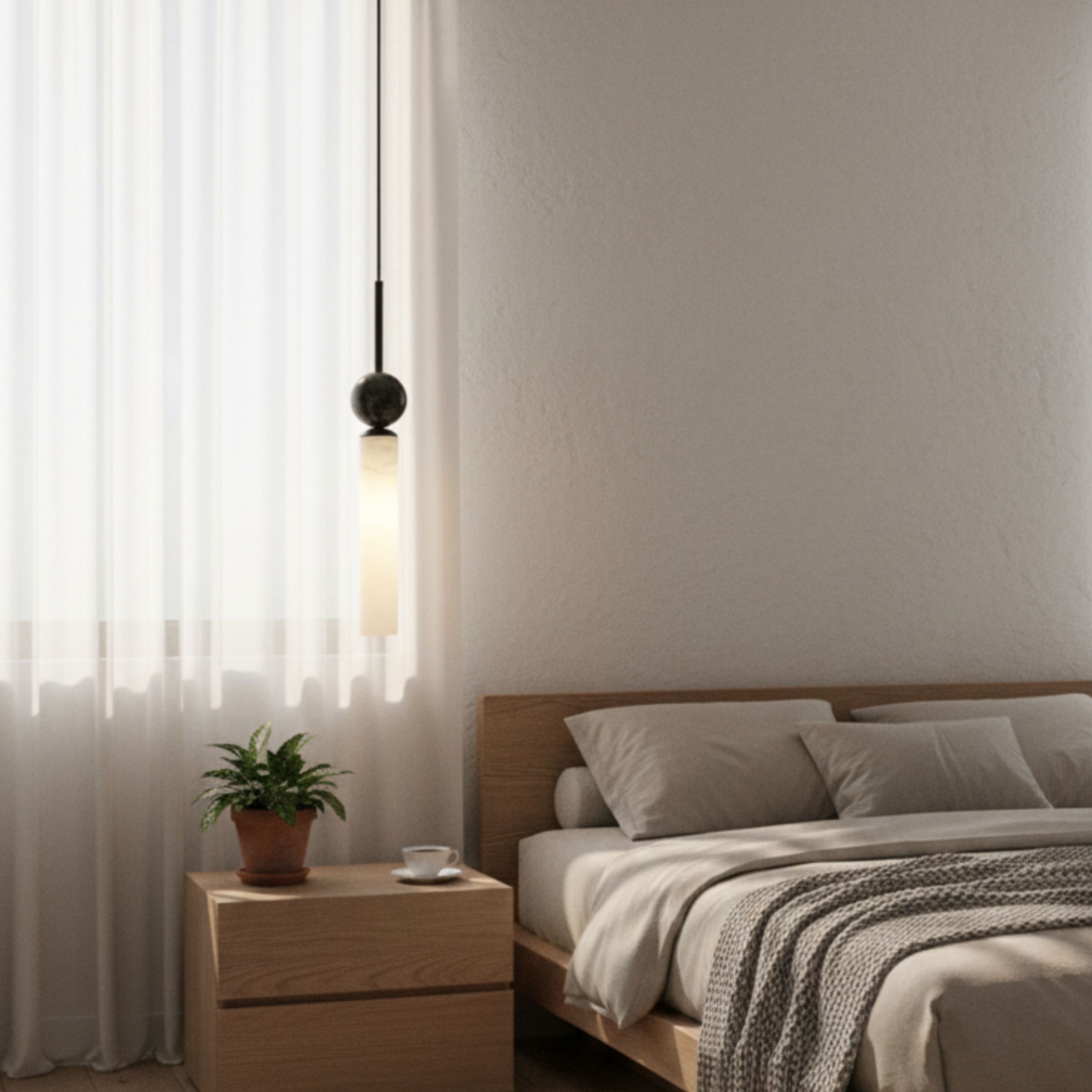 Lampada a sospensione LED moderna in marmo cilindrica con dettaglio a sfera