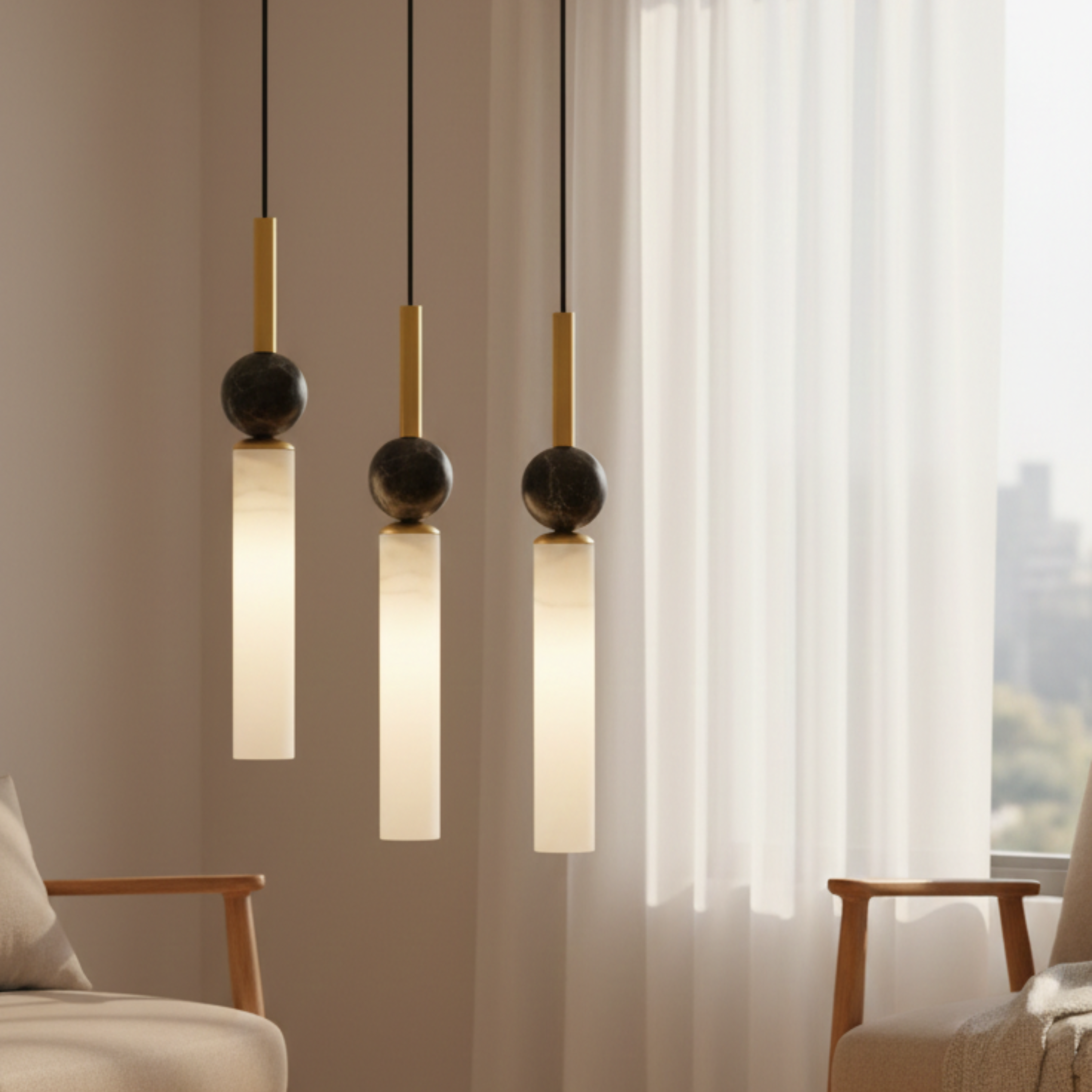 Lampada a sospensione LED moderna in marmo cilindrica con dettaglio a sfera