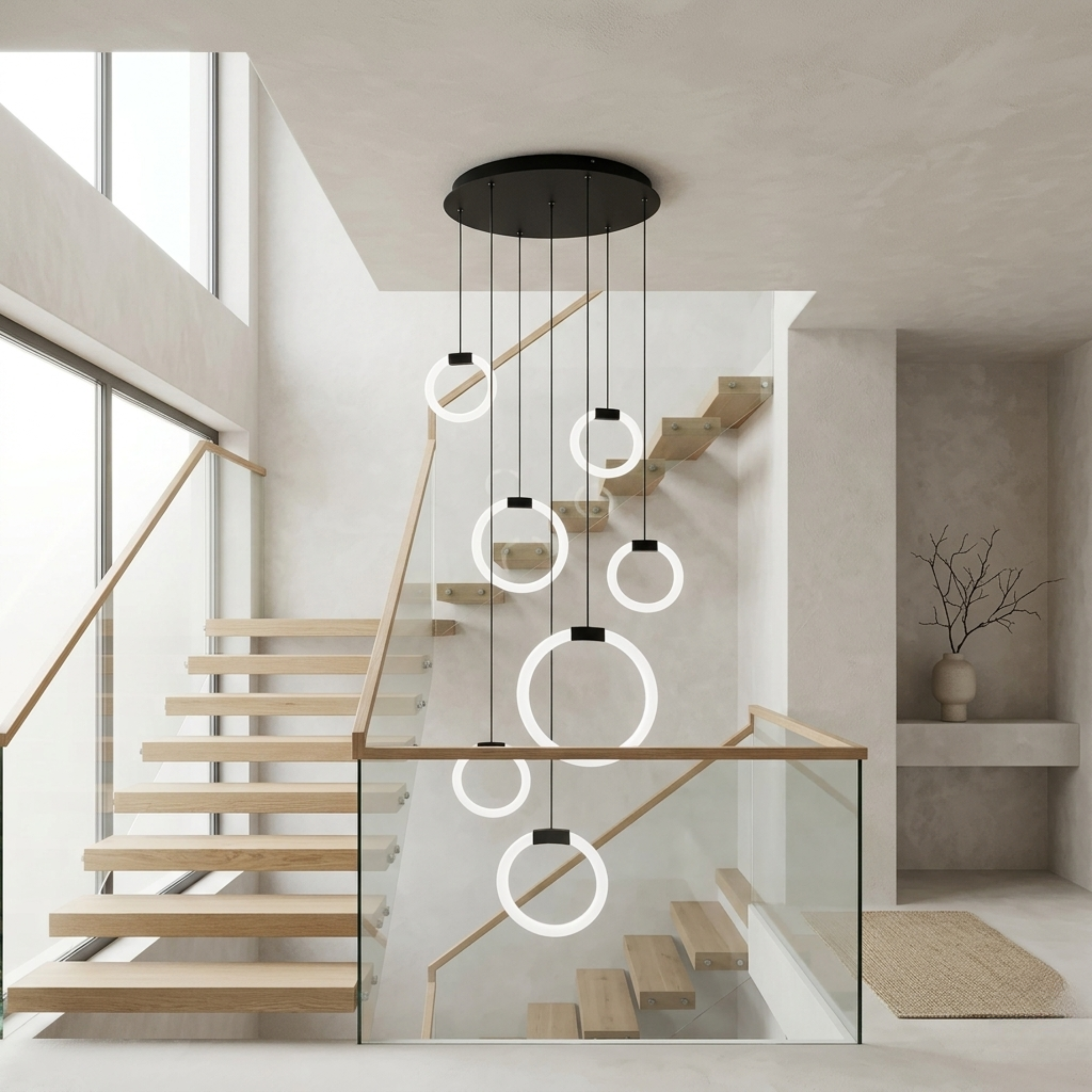 Lampada a sospensione LED nera a più anelli per scale e soffitti alti