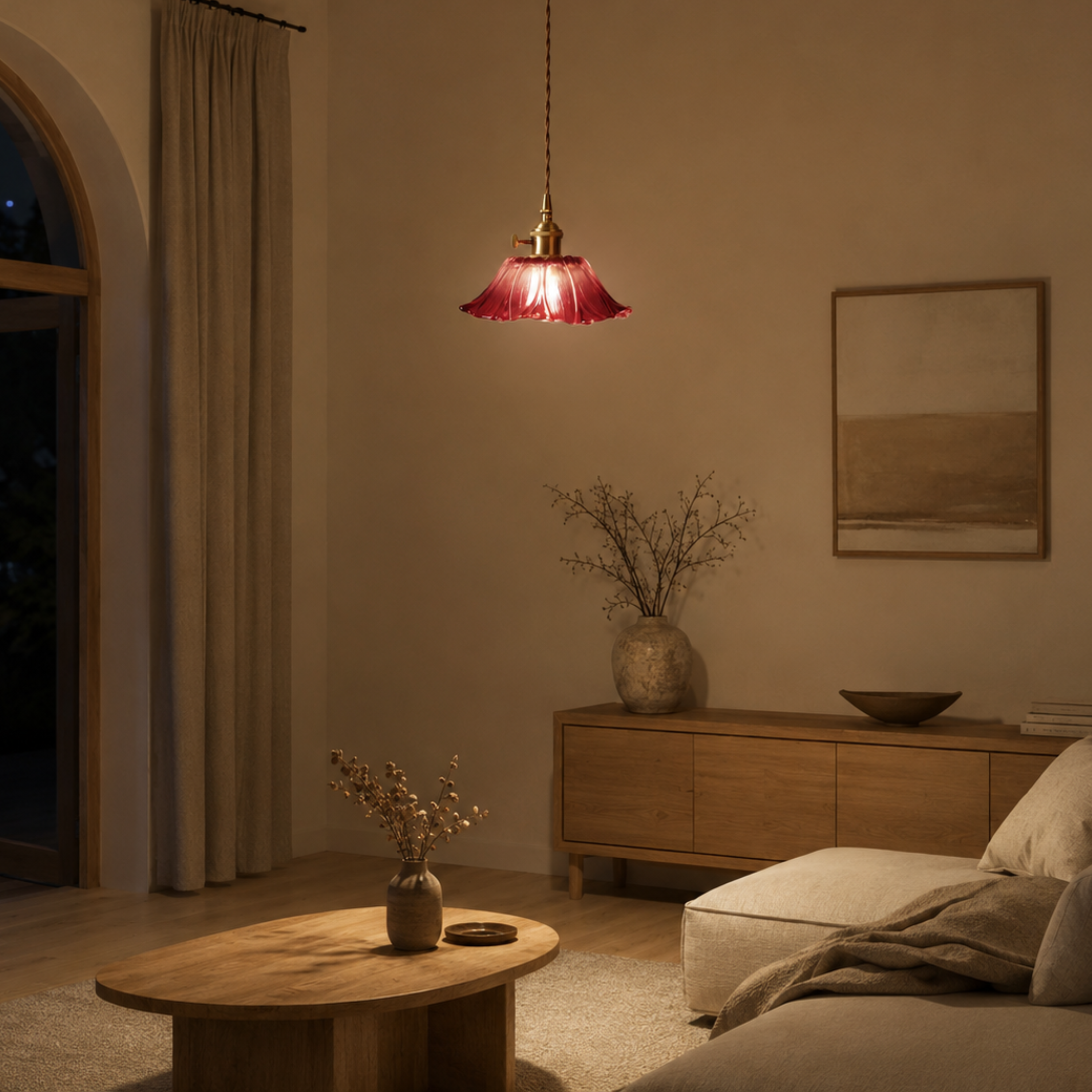 Lampada a sospensione LED vintage in vetro a fiore con bordo smerlato