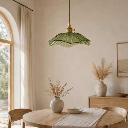 Lampada a sospensione LED vintage in vetro a fiore con bordo smerlato