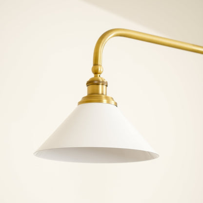 Lampada a sospensione lineare in metallo a due luci con paralumi conici bianchi mid century per isola cucina